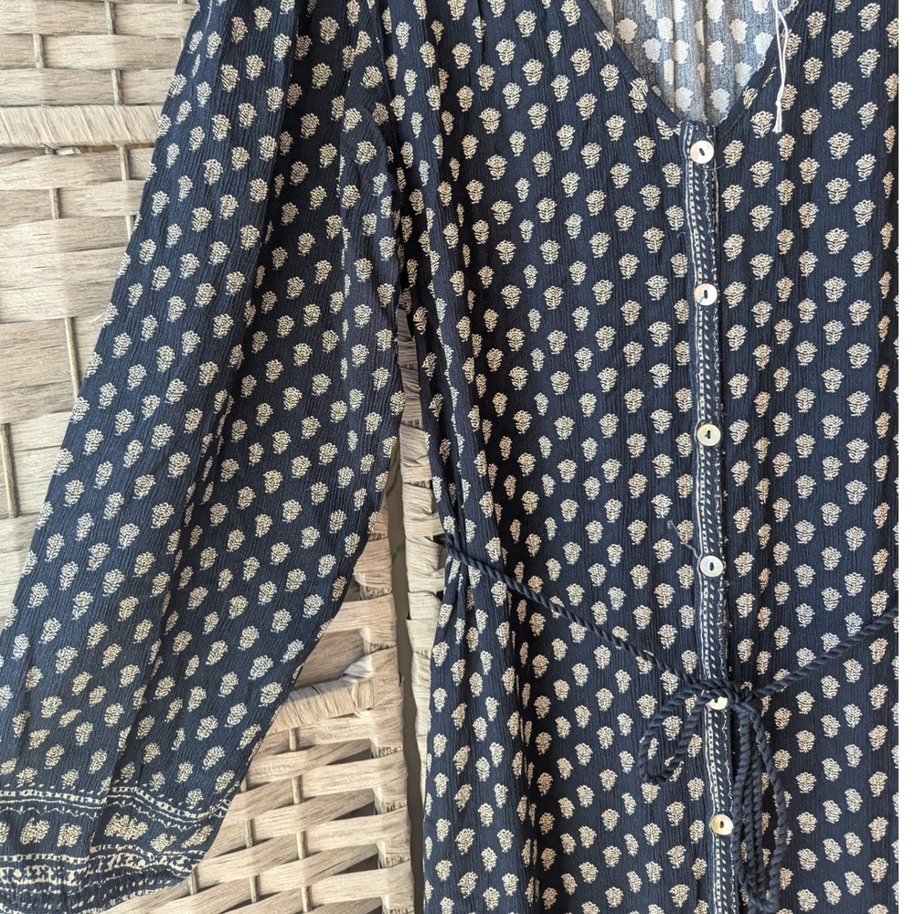 Faherty Orinda Long Sleeve Maxi Dress Navy Blue‎ Block Print Button Up Tie Waist - Picture 3 of 9